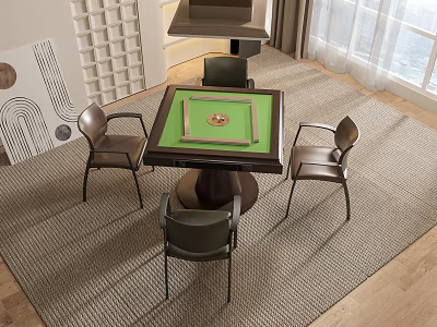 Entertainment Table With Green Surface Golden Frame Four Chairs And Rug In Modern Room 3d model