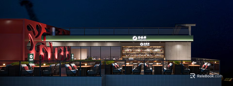 Stylish Rooftop Bar With Night Sky View Warm Lighting Comfortable Seats And Wine Racks 3d model 