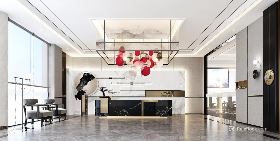 Modern Front Desk Reception Interior Design With Marble Counter And Red Decorative Lights 3d model 