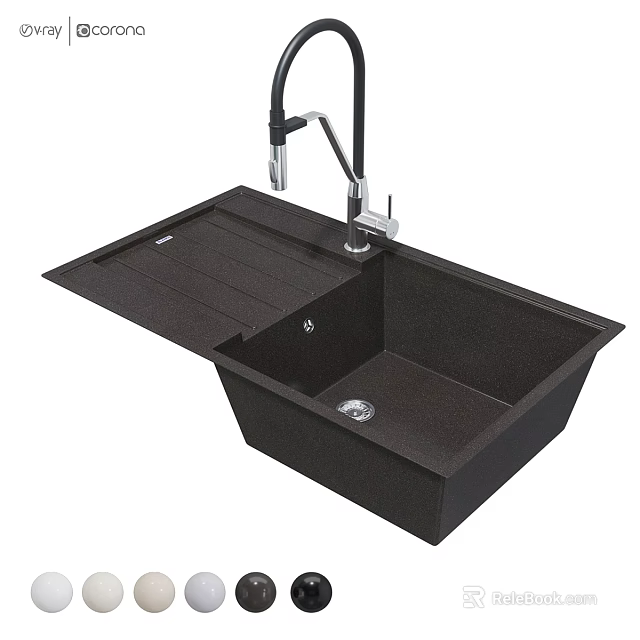 Black Single Bowl Sink With Foldable Cover And Modern Faucet Design 3d model 