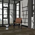 Indoor Living Space With Inflatable Decor Black Metal Shelves And Brown Leather Chair