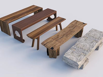 Natural Wooden And Stone Outdoor Chairs With Rustic Carved Details For Garden Use 3d model