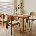 Modern Wooden Dining Table Set With Four Chairs Cushions Vase Green Plants And Wooden Floor