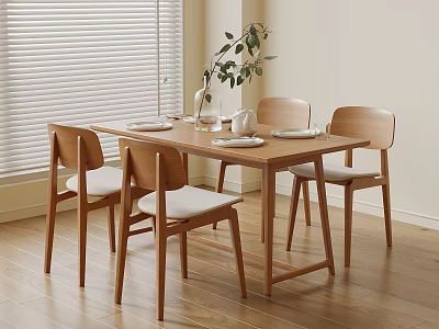 Modern Wooden Dining Table Set With Four Chairs Cushions Vase Green Plants And Wooden Floor 3d model