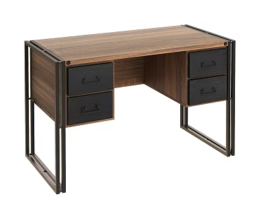 Wooden Desk With Metal Frame And Four Black Drawers For Home Workspace 3d model