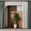 Modern Green and White Curtains in Interior with Arched Doorway and Potted Plant