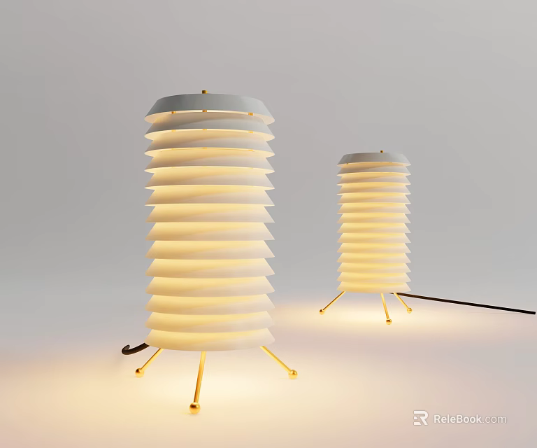 Pair Of Modern Table Lamps With Layered White Shades And Golden Bases 3d model 