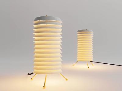 Pair Of Modern Table Lamps With Layered White Shades And Golden Bases 3d model