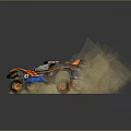 Orange Off Road Race Car Driving On Sand Kicking Up Dust With Large Tires