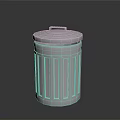 Silver Metal Trash Can With Lid And Vertical Stripes On Dark Reflective Surface