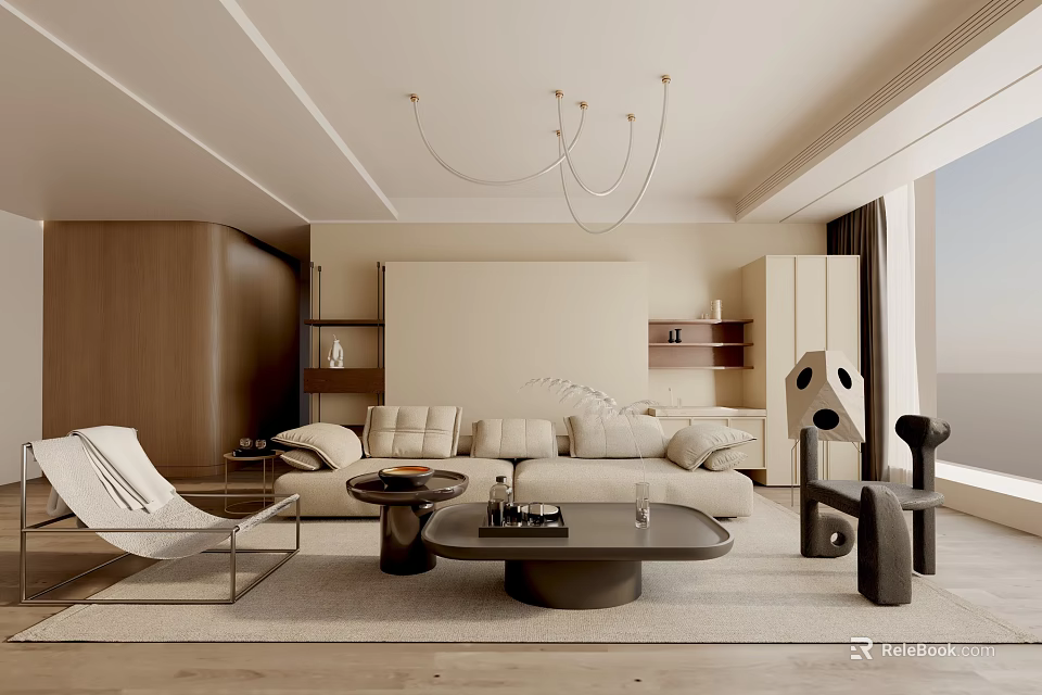 Modern Living Room Interior With Beige Sofa Wooden Coffee Table And Pendant Light Decor 3d model 