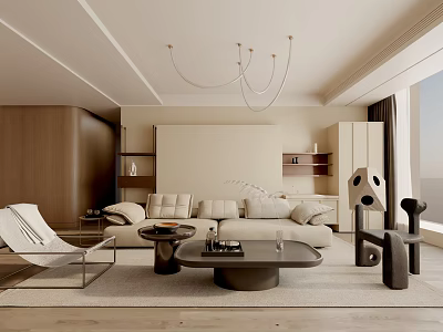 Modern Living Room Interior With Beige Sofa Wooden Coffee Table And Pendant Light Decor 3d model