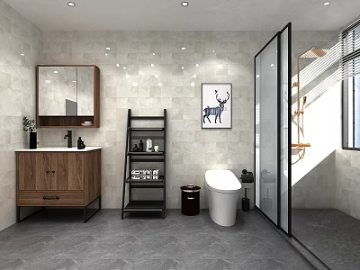 Modern Bathroom Interior Featuring Wooden Vanity Mirror Shelf Unit Toilet Glass Shower And Deer Painting 3d model