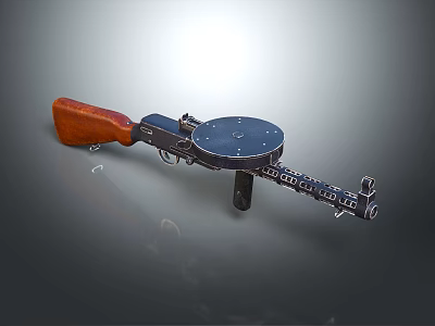 Vintage Machine Gun Featuring Wooden Grip Circular Drum Magazine And Chain Feed Mechanism 3d model