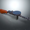 Vintage Machine Gun Featuring Wooden Grip Circular Drum Magazine And Chain Feed Mechanism