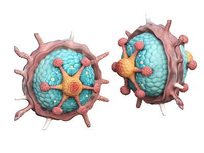 3D Rendered Virus Structure With Blue Core Brown Outer Spikes And Capsid 3d model