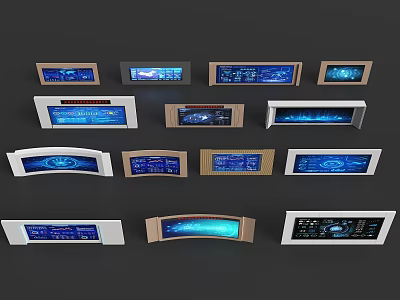 Smart Display Panels In Various Shapes With Blue Digital Interfaces 3d model