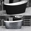 Black Bathtub With Gray Texture In Modern Bathroom With Metal Fixtures And Tile Background