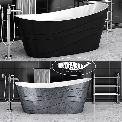 Black Bathtub With Gray Texture In Modern Bathroom With Metal Fixtures And Tile Background 3d model