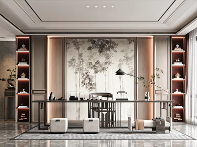 Tea Room Tea Table and Chair Tea Cabinet Decorative Background Wall Flower Table Stool Tea Set Floor Lamp 3d model