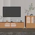 Modern Wooden TV Stand Design With Drawers Glass Doors And Decorative Plants