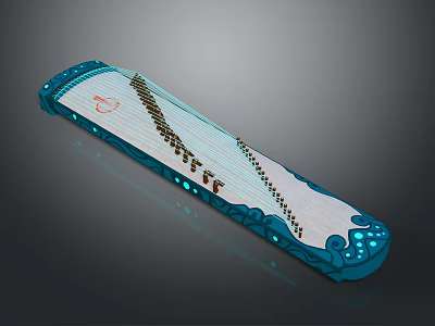 Traditional Chinese Guzheng Musical Instrument With Decorative Blue White Design And Strings 3d model