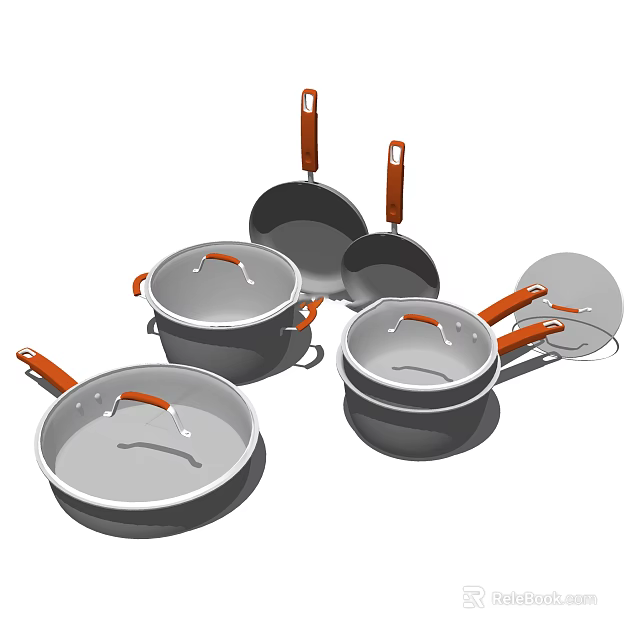 Modern Cookware Set With Various Pots Pans And Orange Handles For Kitchen 3d model 