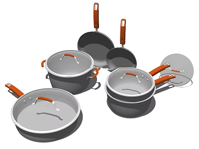 Modern Cookware Set With Various Pots Pans And Orange Handles For Kitchen 3d model