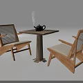 Wooden Tea Table And Chairs With Woven Backrests And Steaming Teapot