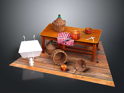 Rustic Wooden Table Setup With Baskets Clay Pots Lantern And Checkered Cloth On Wooden Floor 3d model