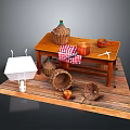 Rustic Wooden Table Setup With Baskets Clay Pots Lantern And Checkered Cloth On Wooden Floor