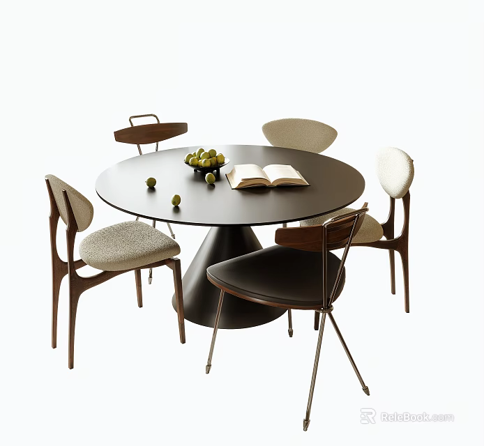 Modern Round Black Dining Table And Mixed Design Chairs Set With Open Book And Fruits 3d model 