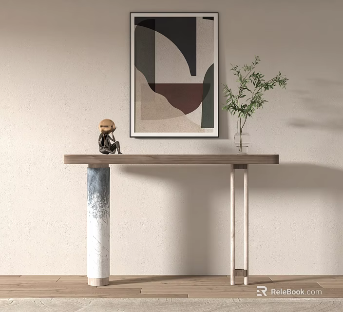 Modern Console Table With Marble Legs Abstract Painting Green Plant And Figurine 3d model 