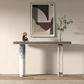 Modern Console Table With Marble Legs Abstract Painting Green Plant And Figurine