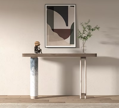 Modern Console Table With Marble Legs Abstract Painting Green Plant And Figurine 3d model