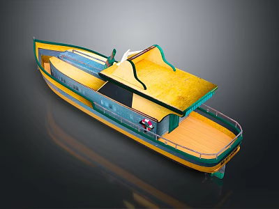 Traditional Wooden Boat With Yellow Deck Green Trim And Curved Roof Design 3d model