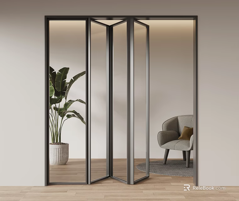 Modern Glass Folding Door Design For Bright Interior With Green Plant And Chair 3d model 