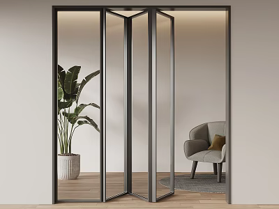 Modern Glass Folding Door Design For Bright Interior With Green Plant And Chair 3d model