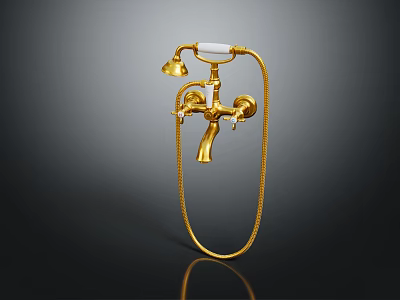 Golden Vintage Bathroom Faucet With Handheld Shower And White Handles Curved Hose Polished Finish 3d model