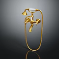 Golden Vintage Bathroom Faucet With Handheld Shower And White Handles Curved Hose Polished Finish