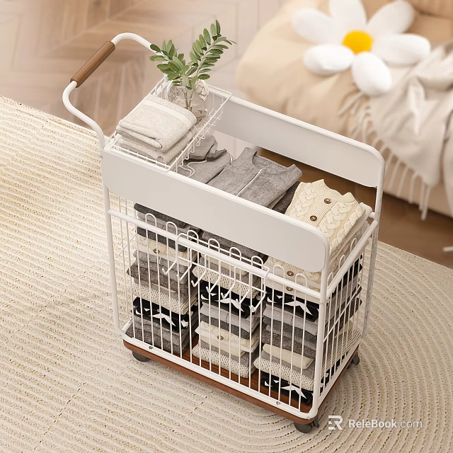 White Metal Multi layer Storage Basket Cart with Wheels Organizing Clothes in Bedroom 3d model 