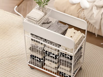 White Metal Multi layer Storage Basket Cart with Wheels Organizing Clothes in Bedroom 3d model