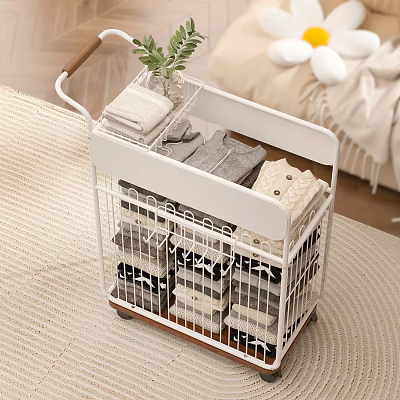 White Metal Multi layer Storage Basket Cart with Wheels Organizing Clothes in Bedroom 3d model