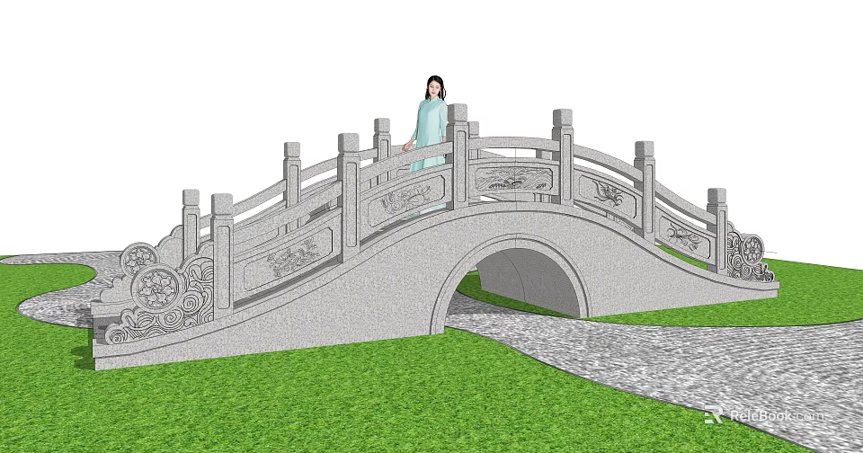 Landscape Stone Arch Bridge with Intricate Carved Railings over Green Grassland and Stone Path 3d model 