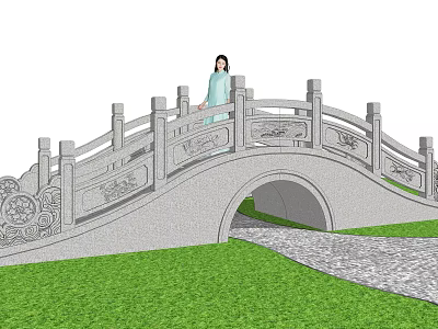 Landscape Stone Arch Bridge with Intricate Carved Railings over Green Grassland and Stone Path 3d model