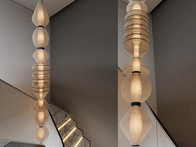 Unique Shaped Pendant Lights For Modern Staircase Interior With Layered Design 3d model