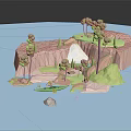 Low Poly Landscape With Trees Green Kayak Waterfall And Rocky Terrain