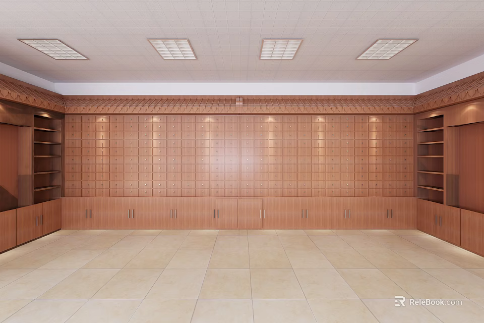 Wooden Wall Storage Compartments With Open Shelves And Light Tile Floor 3d model 