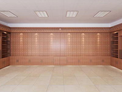 Wooden Wall Storage Compartments With Open Shelves And Light Tile Floor 3d model