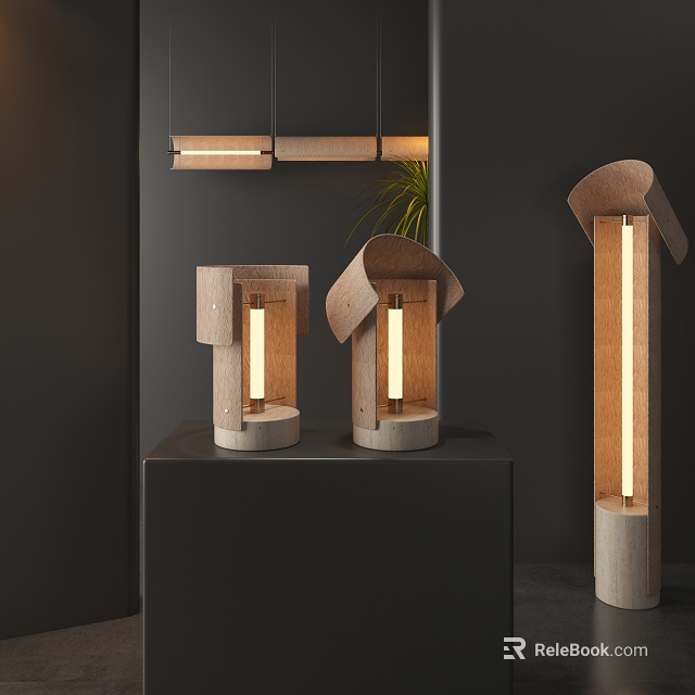 Modern Wooden Lamp Combination With Illuminated Tubes And Tabletop Display Design 3d model 